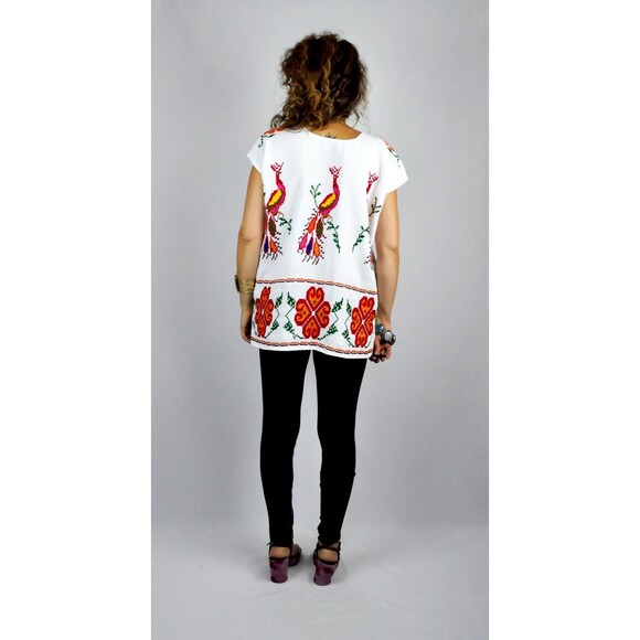 Mexican Embroidered Blouse Flowers Birds Embroidered Cross Stitches Blouse S M - Picture 5 of 5